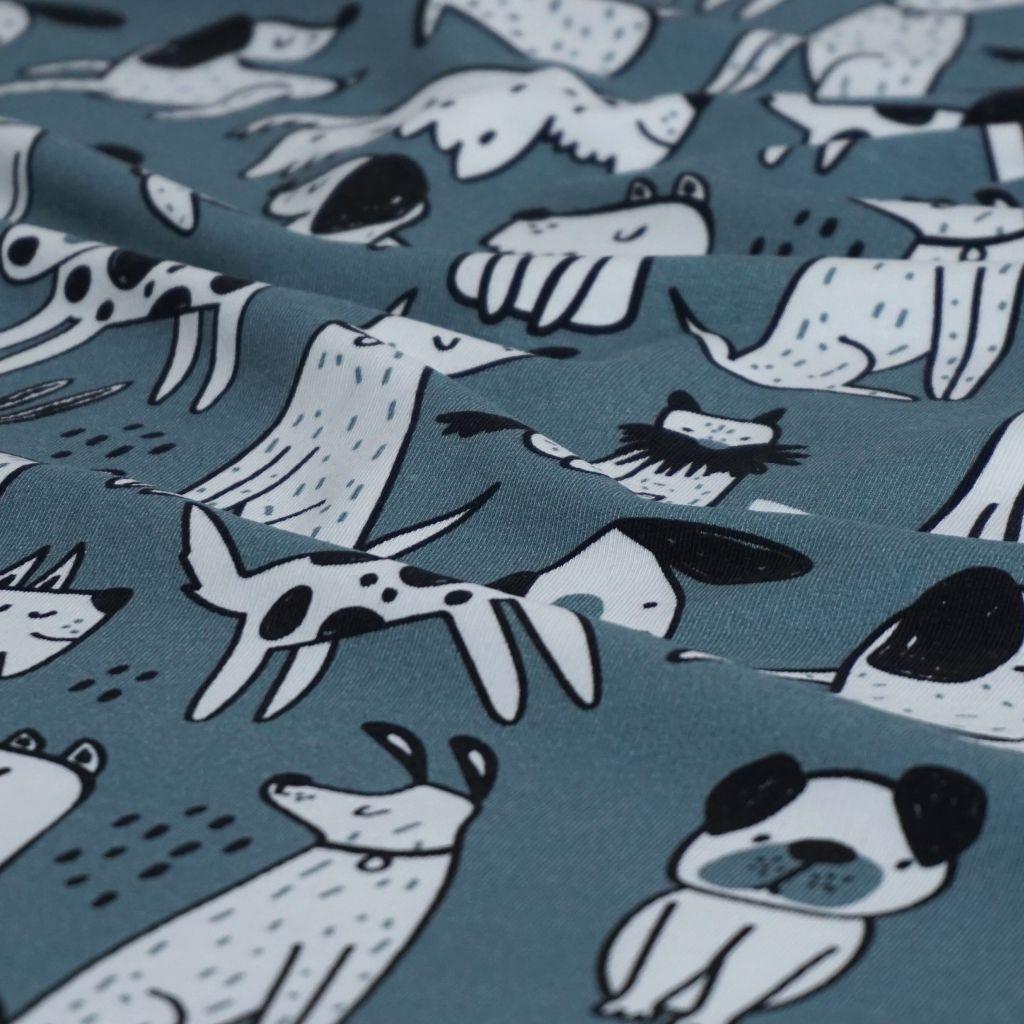 Preview: French Terry lustige Hunde scharz weiß auf blaugrau